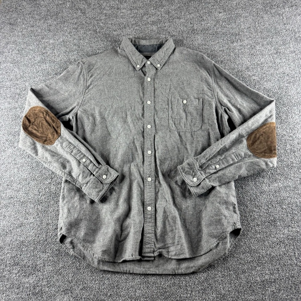 J Crew Shirt Mens XL Gray Solid Long Sleeve Button Down Flannel Elbow Patches